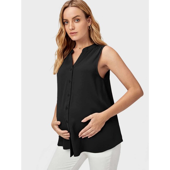 Maternity Notch Neck Button Placket Sleeveless Blouse black - Picture 4 of 9